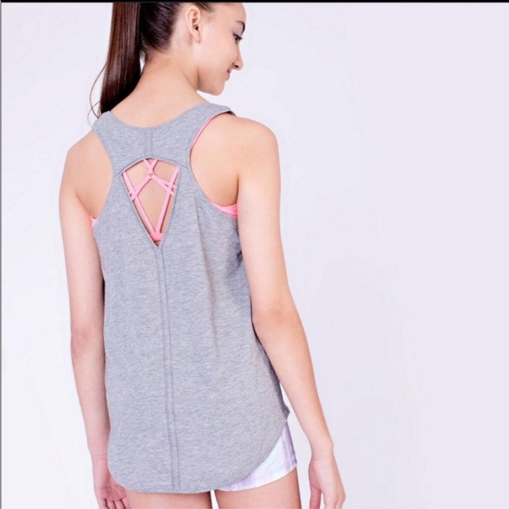 Worn 1X, Ivivva, Girls, Loose fit tank, “happy living” shirttail hi-low hem